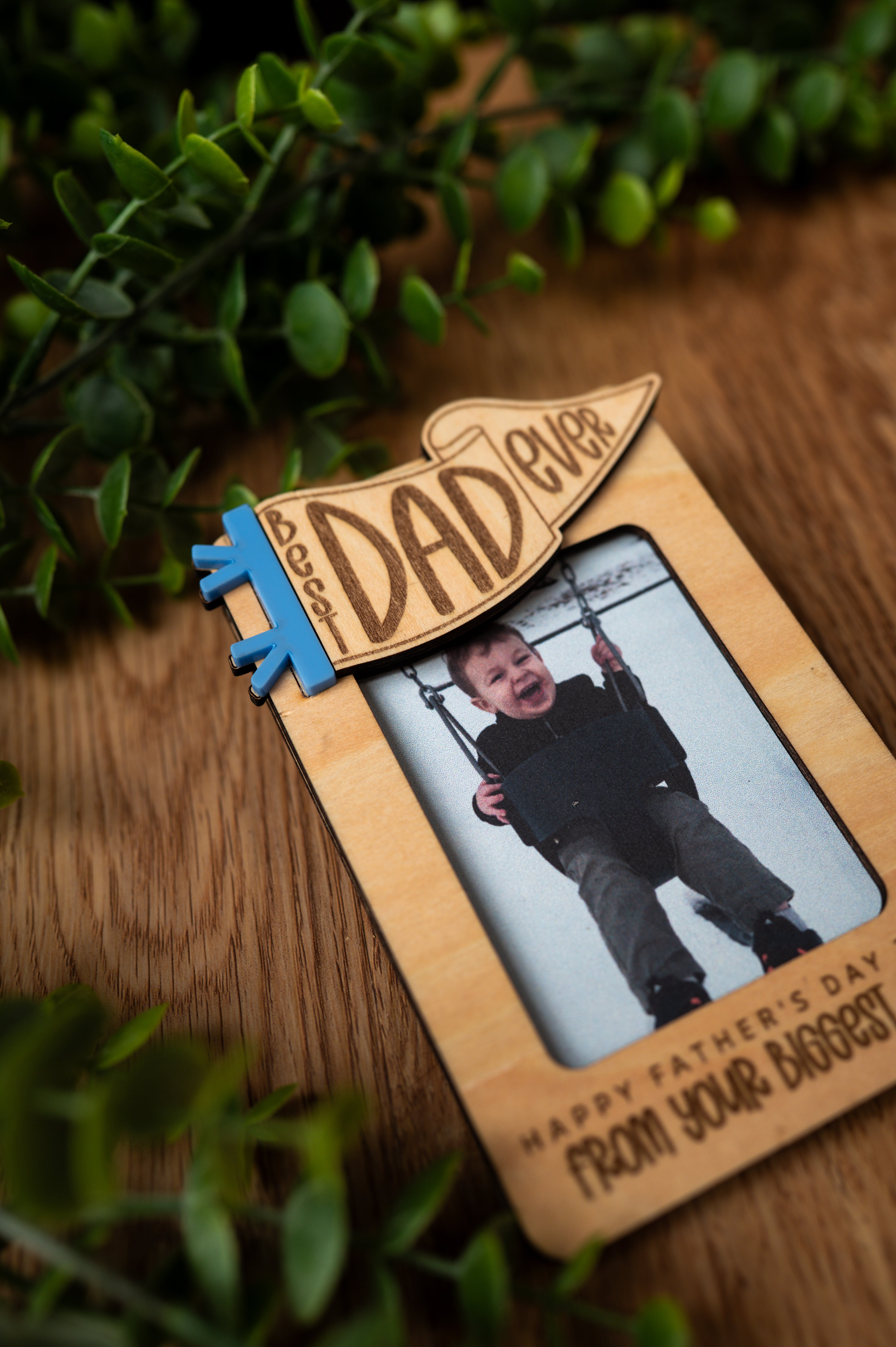 Personalized Father’s Day Photo Frame | Wallet Size Picture Holder | Layered Wood Frame with Blue Acrylic Pennant | Dad Gift | Fridge Magnet or Car Visor Clip