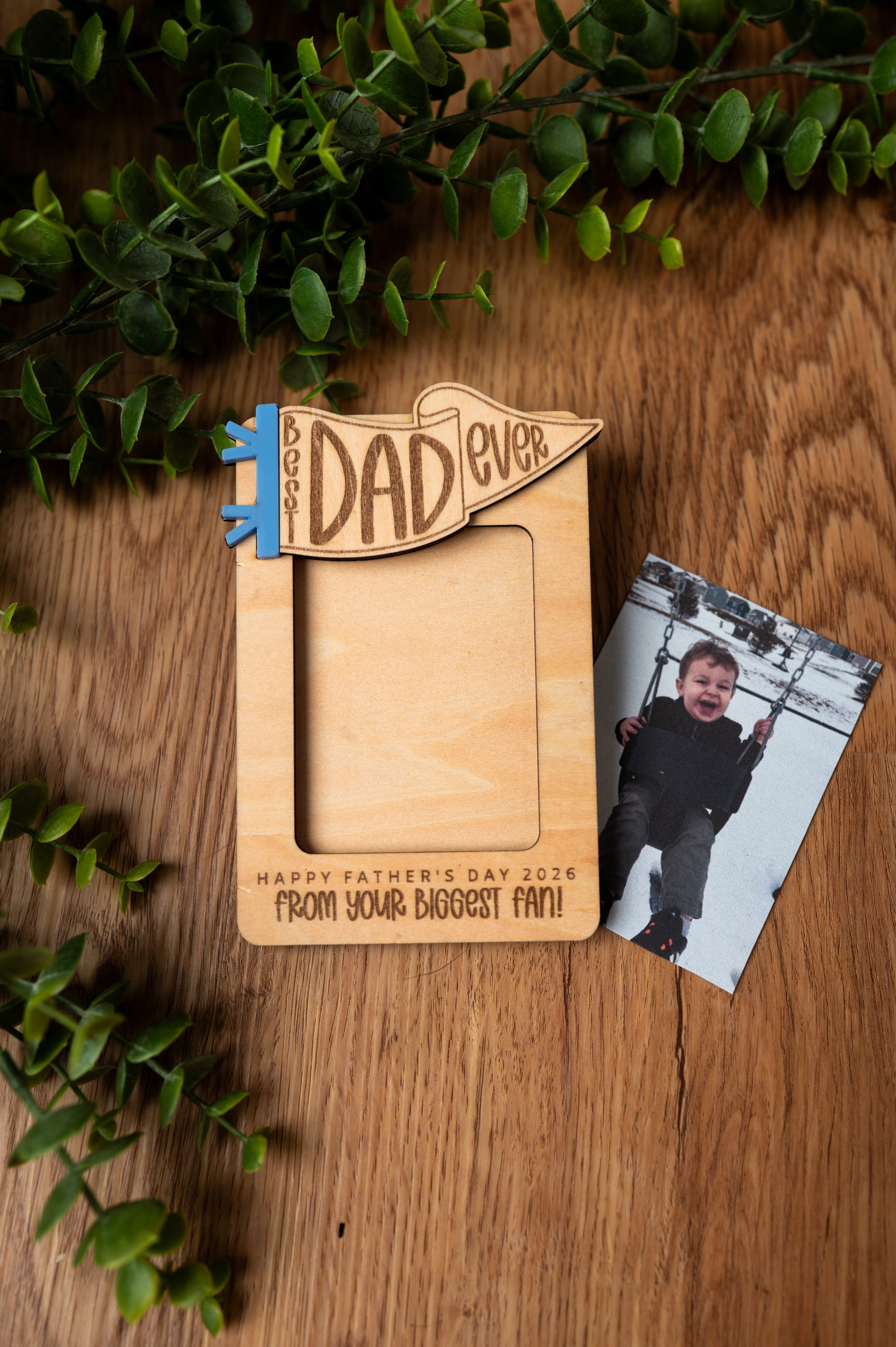 Personalized Father’s Day Photo Frame | Wallet Size Picture Holder | Layered Wood Frame with Blue Acrylic Pennant | Dad Gift | Fridge Magnet or Car Visor Clip