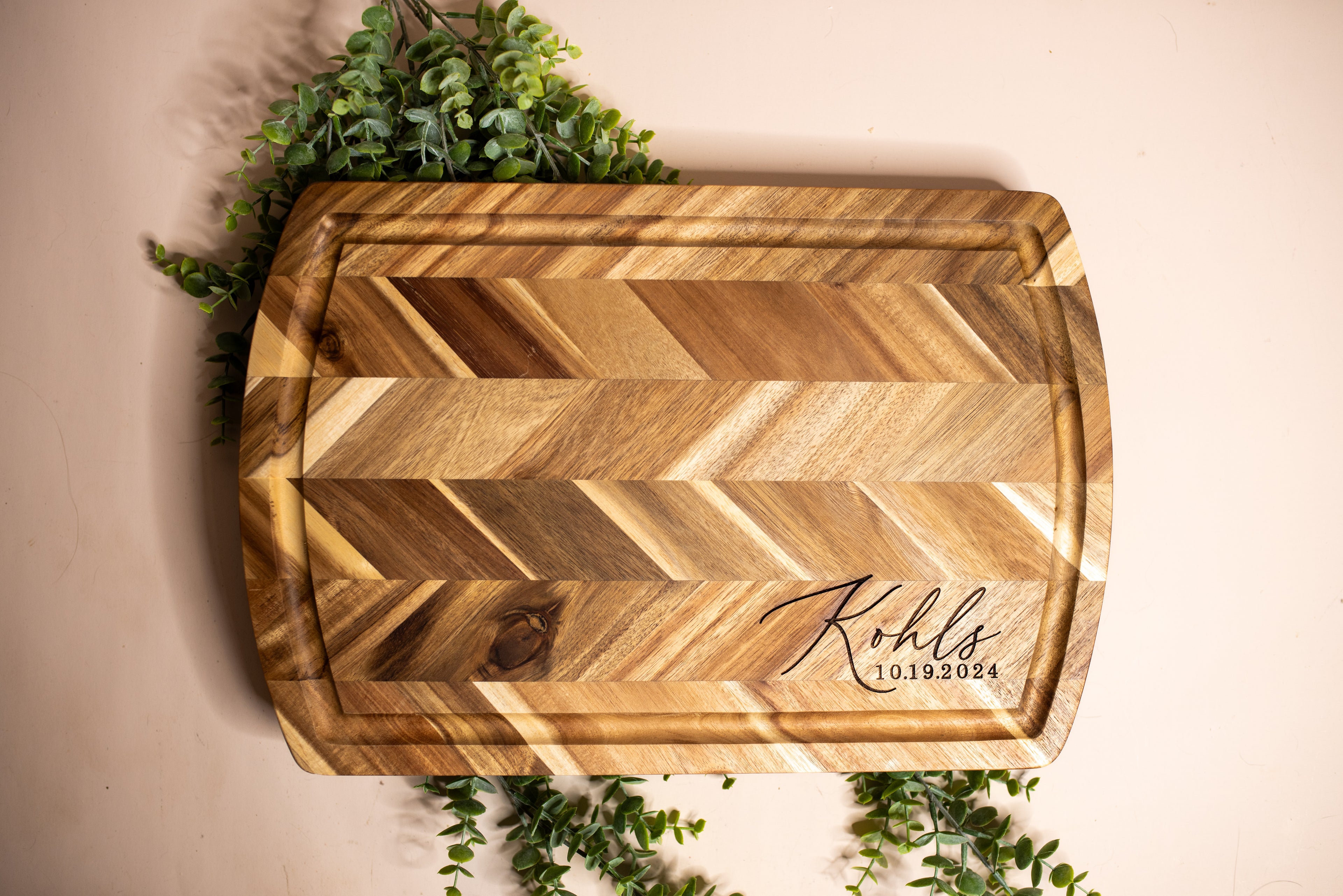 Personalized Herringbone Wood Serving Board | Custom Engraved Wedding & Anniversary Keepsake