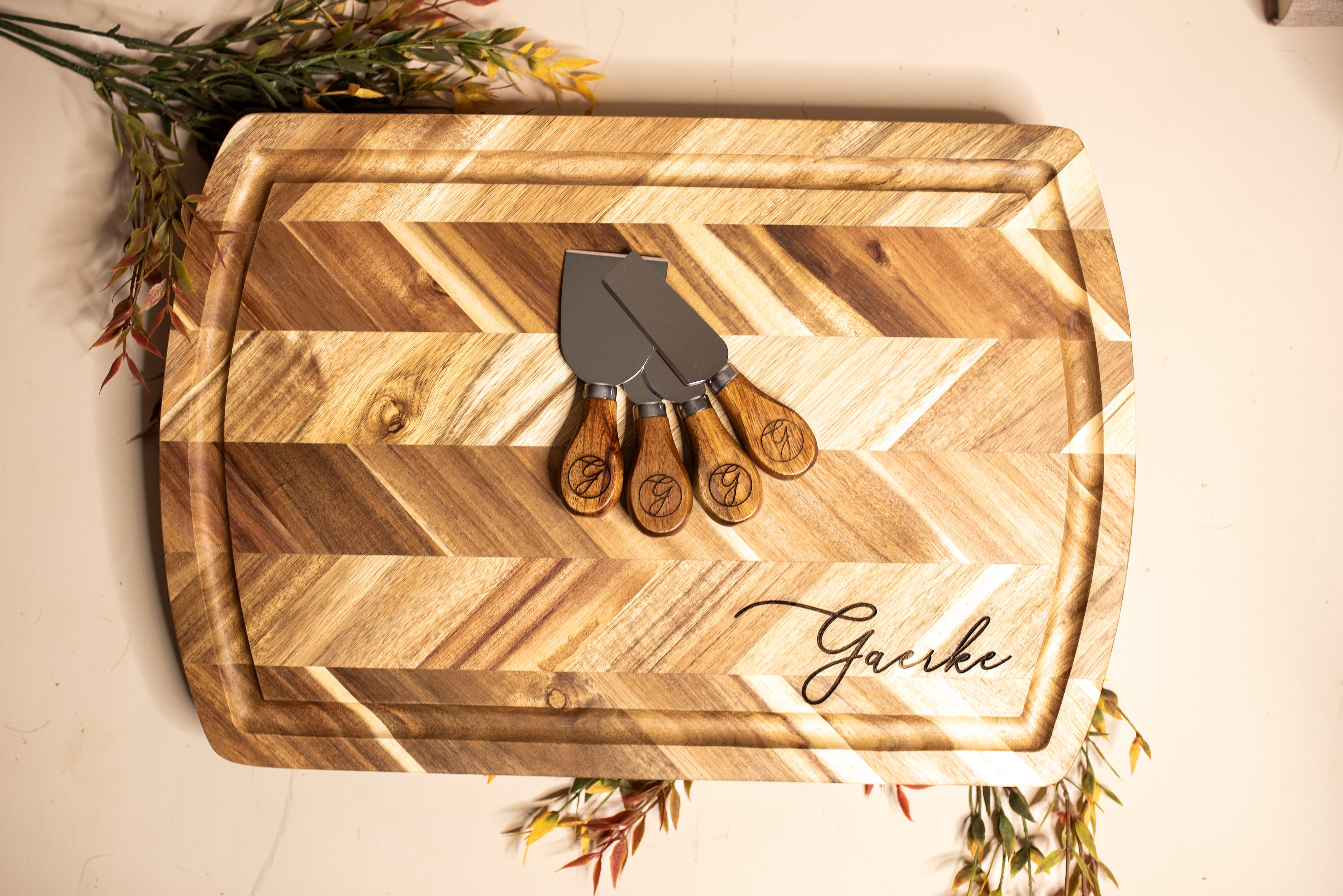 Personalized Herringbone Wood Serving Board | Custom Engraved Wedding & Anniversary Keepsake
