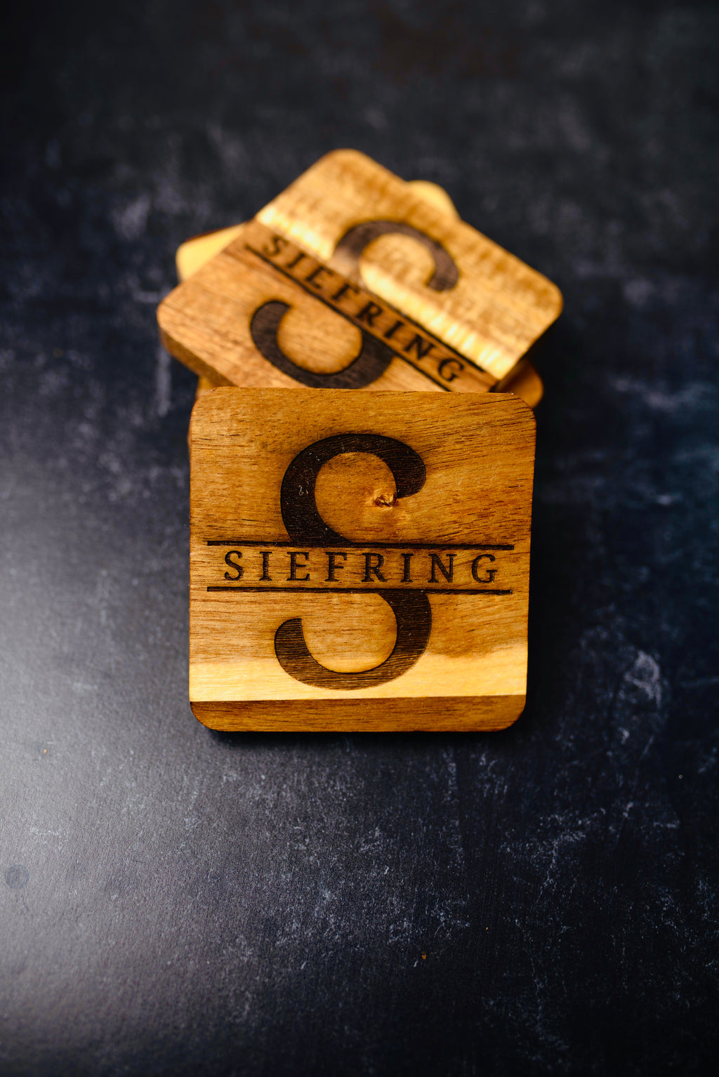 Personalized Acacia Wood Coasters | Custom Engraved Last Name Coasters | Set of 4
