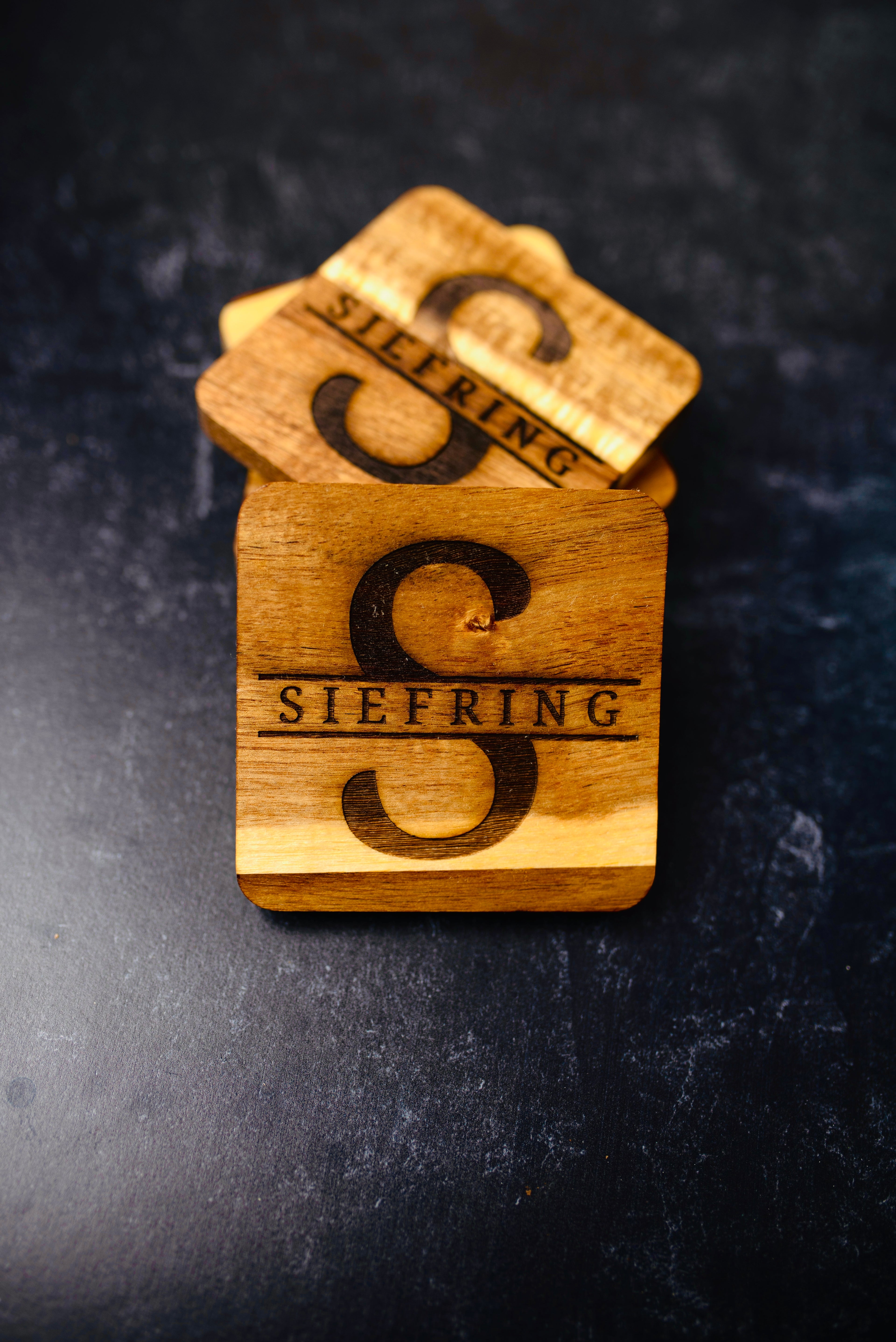 Personalized Acacia Wood Coasters | Custom Engraved Last Name Coasters | Set of 4