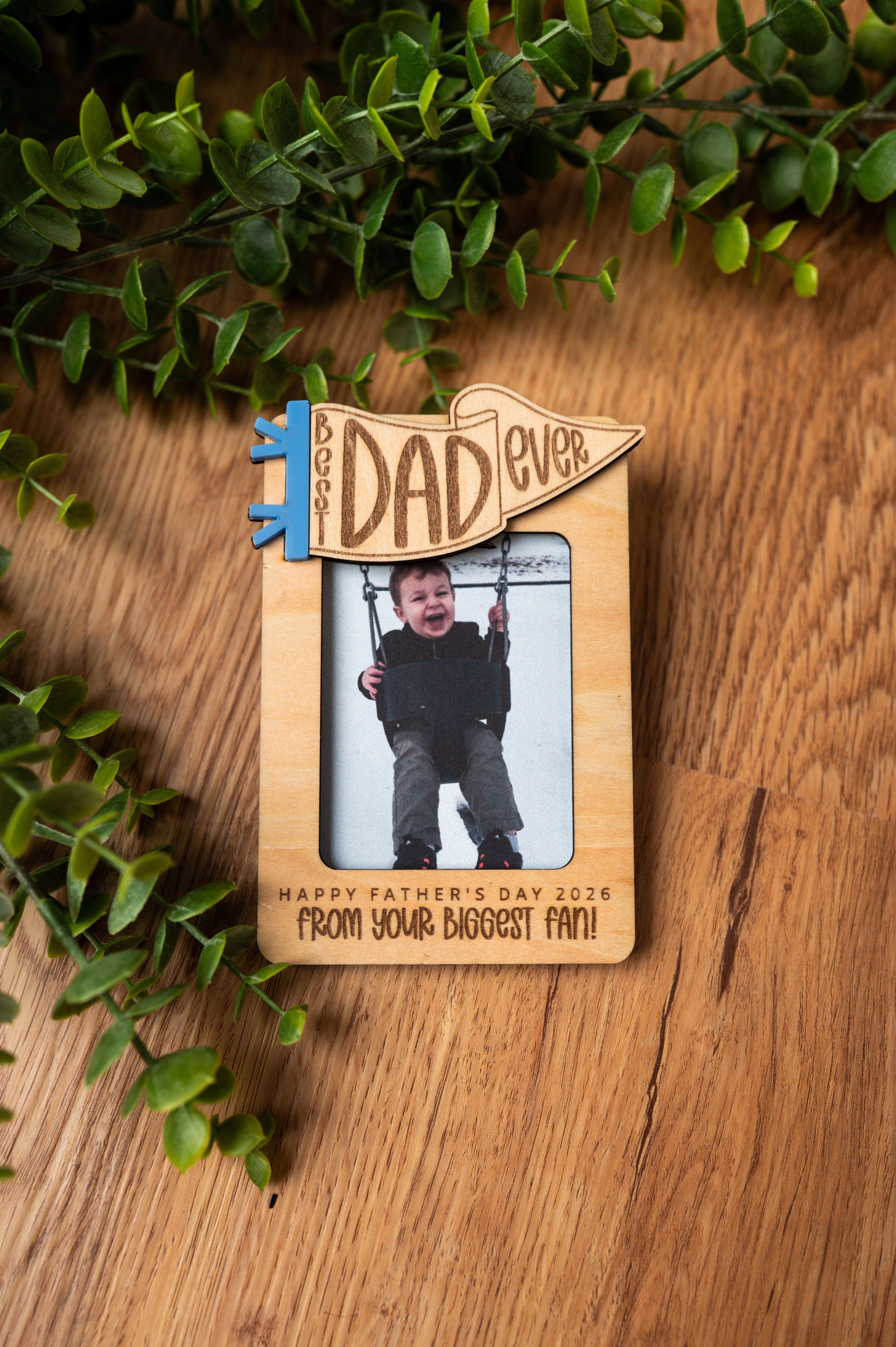 Personalized Father’s Day Photo Frame | Wallet Size Picture Holder | Layered Wood Frame with Blue Acrylic Pennant | Dad Gift | Fridge Magnet or Car Visor Clip