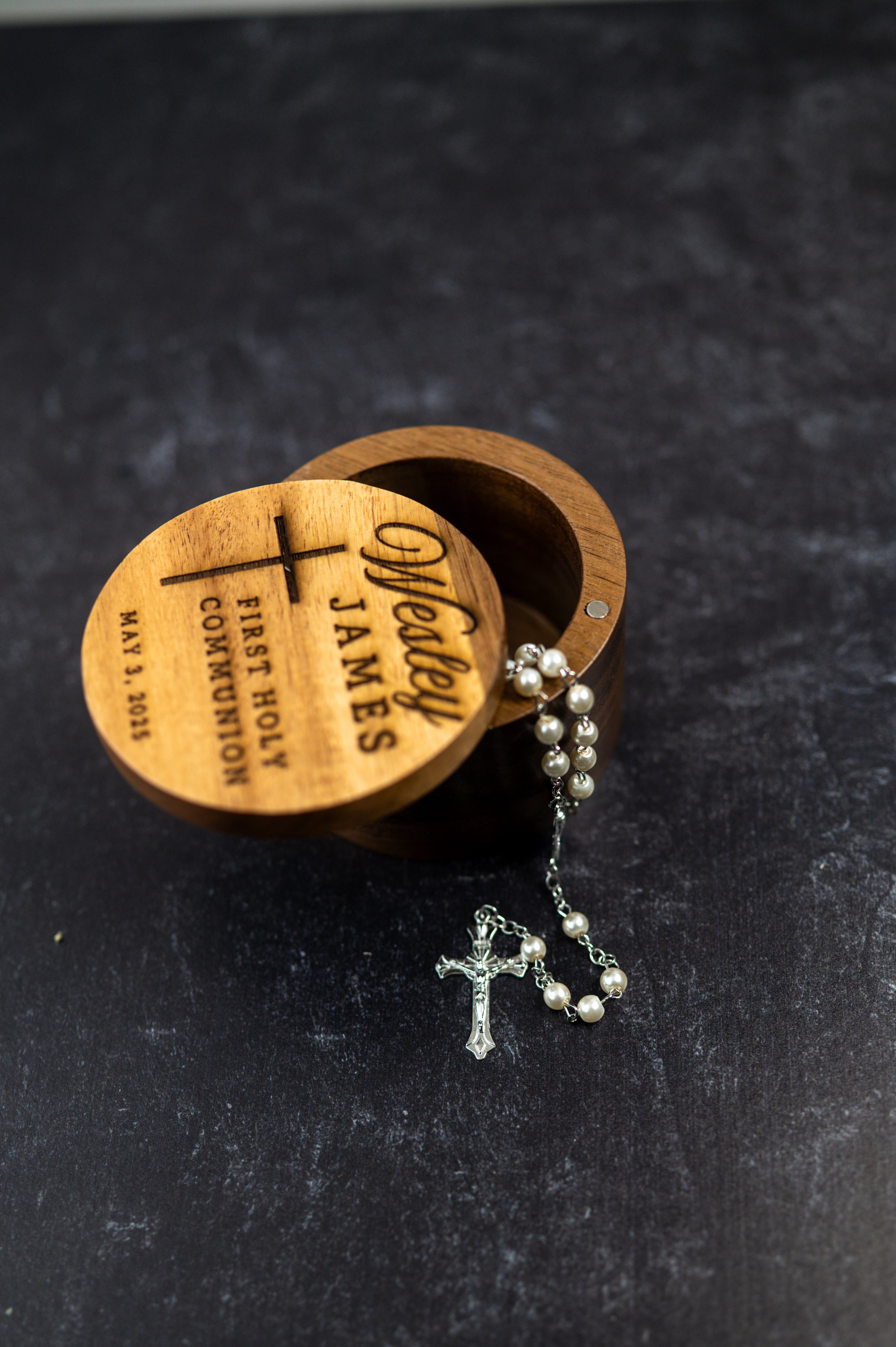 Personalized First Holy Communion Rosary Holder | Custom Engraved Wood Box with Magnetic Lid