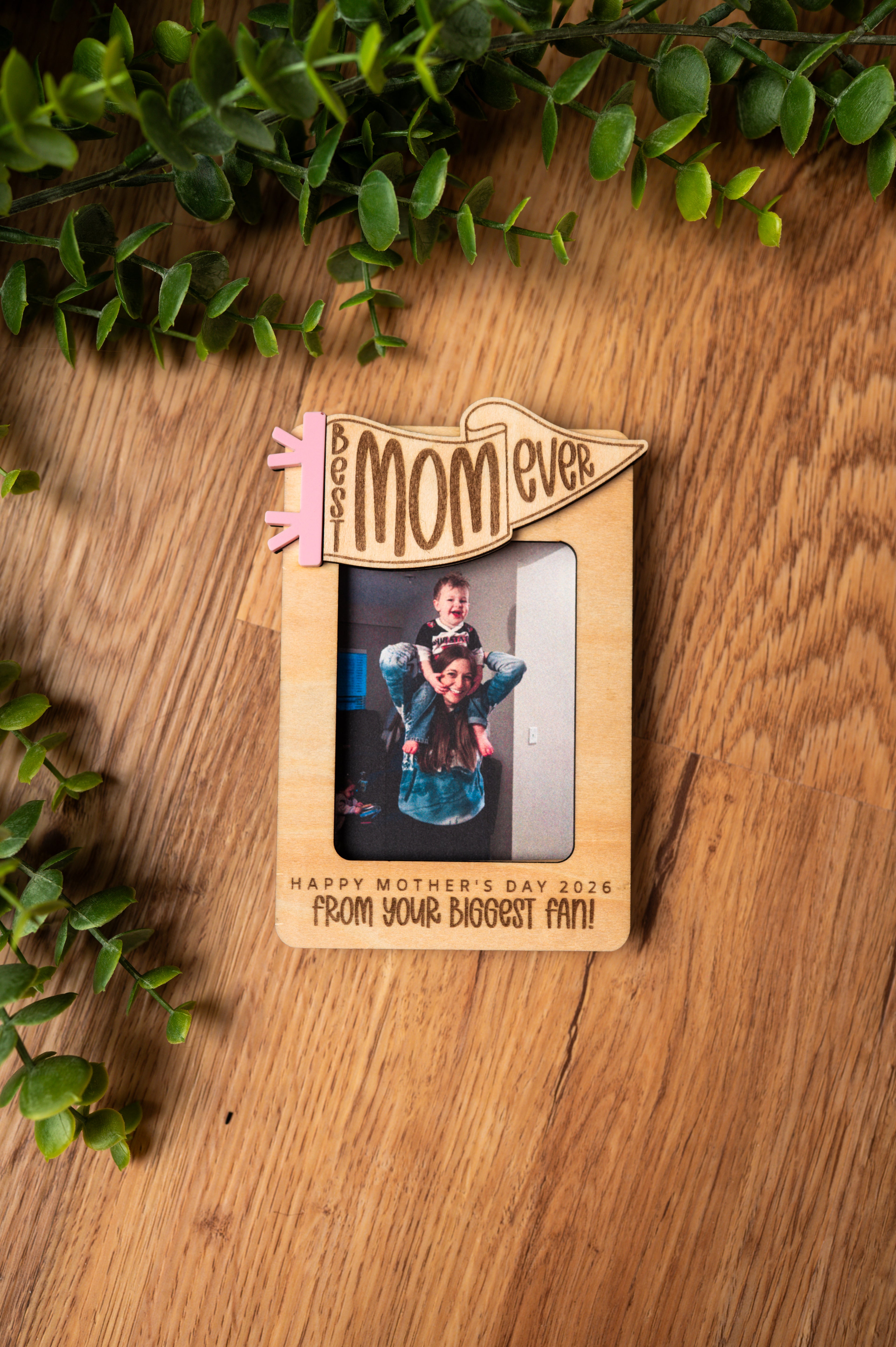Personalized Mother’s Day Photo Frame | Wallet Size Picture Holder | Layered Wood Frame with Pink Acrylic | Mom, Mama, Nana Gift | Fridge Magnet or Car Visor Clip