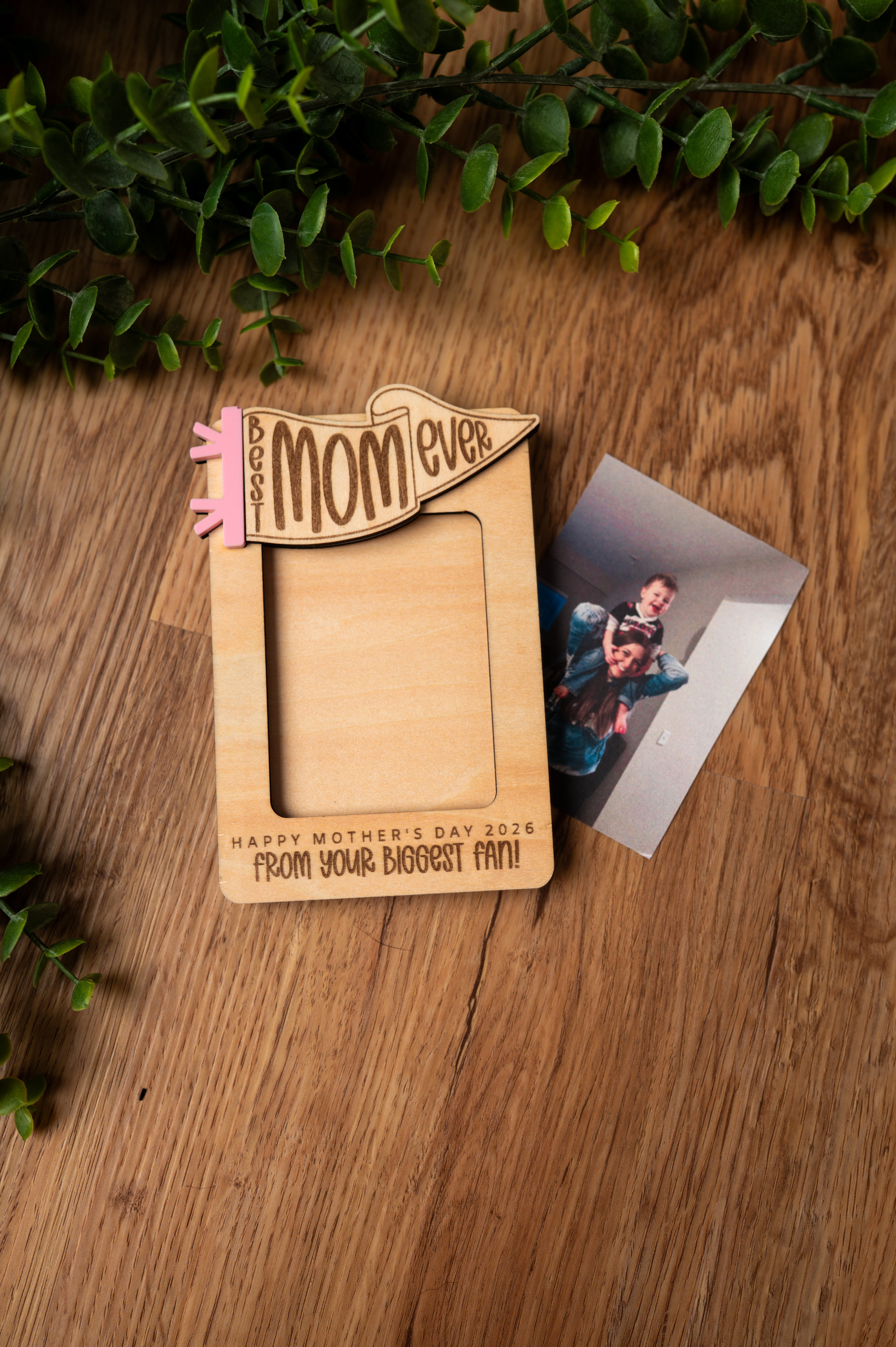 Personalized Mother’s Day Photo Frame | Wallet Size Picture Holder | Layered Wood Frame with Pink Acrylic | Mom, Mama, Nana Gift | Fridge Magnet or Car Visor Clip
