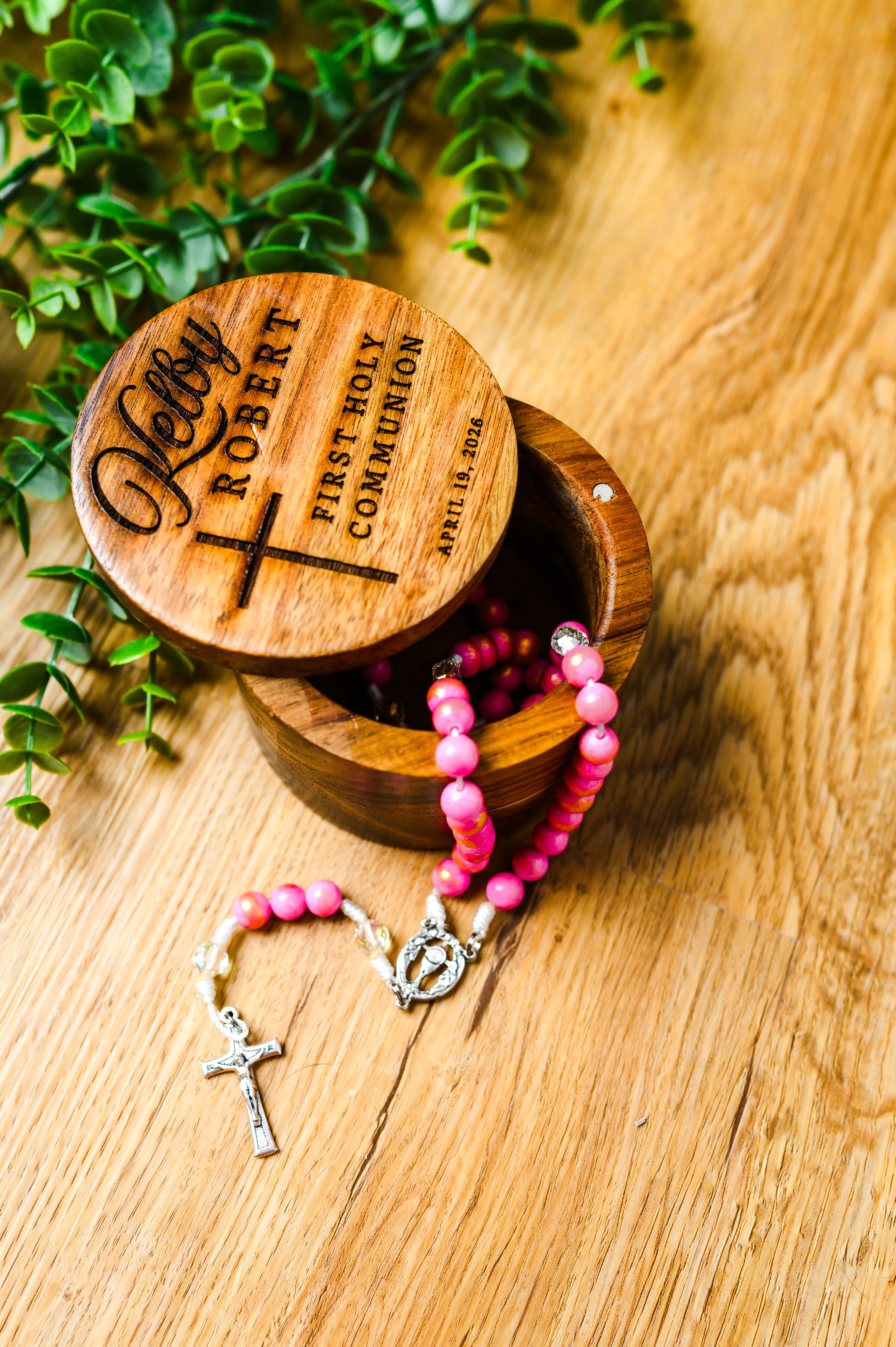 First Holy Communion Rosary Holder & Rosary Gift Set | Personalized Engraved Wood Box | Handmade Rosary